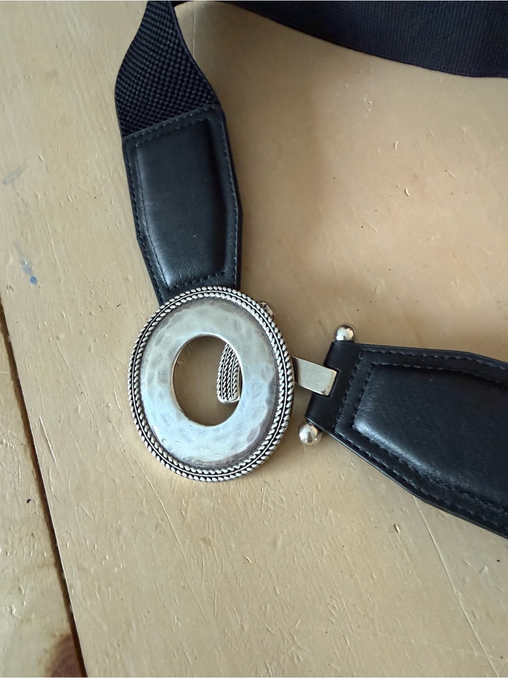 Black Leather women’s Stretch Belt with Silver Decorative Buckle